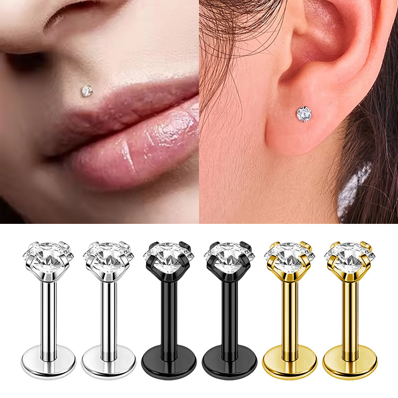 16G 316 Stainless Steel Cubic Zirconia Stud (Lip/Tongue/Nose)